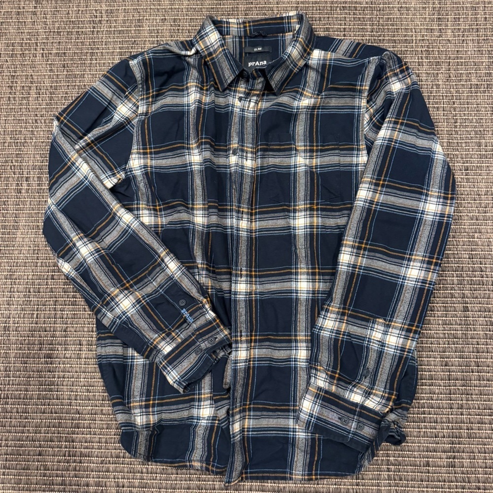 Prana Navy Plaid Slim Fit Long-Sleeve Button-Down Shirt